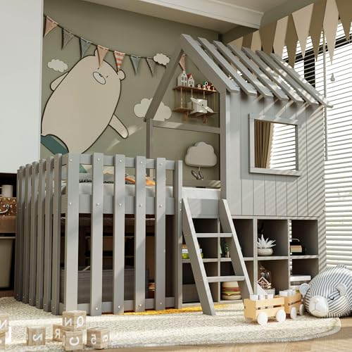 UIXENI 90 x 200 cm Children's Bed Bunk Bed with Safety Ladder, Fall Protection & Slatted Frame, Space-Saving House Bed with Roof and Window, Open Storage, Without Mattress (Grey) von UIXENI