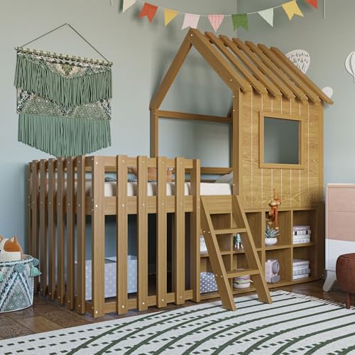 UIXENI 90 x 200 cm Children's Bed Bunk Bed with Safety Ladder, Fall Protection & Slatted Frame, Space-Saving House Bed with Roof and Window, Open Storage, Without Mattress (Natural Wood) von UIXENI
