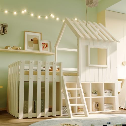 UIXENI 90 x 200 cm Children's Bed Bunk Bed with Safety Ladder, Fall Protection & Slatted Frame, Space-Saving House Bed with Roof and Window, Open Storage, Without Mattress (White) von UIXENI