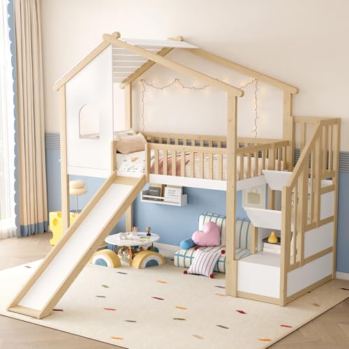 UIXENI 90 x 200 cm Children's Bed with Slide, Fall Protection & Slatted Frame, House Bed with Roof and Window, Space-Saving Loft Bed with Entertainment Area von UIXENI