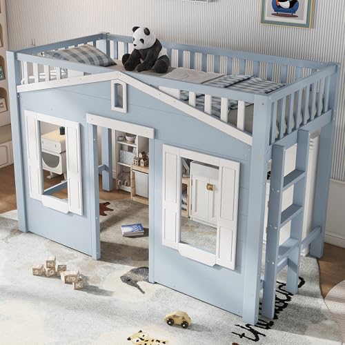 UIXENI 90 x 200 cm Children's Bunk Bed with Ladder, Fall Protection & Slatted Frame, House Bed with Window, Entertainment Area UIXENI 90 x 200 cm Children's Bunk Bed with Ladder, Fall Protection & Slatted Frame, House Bed with Window, Entertainment Area von UIXENI
