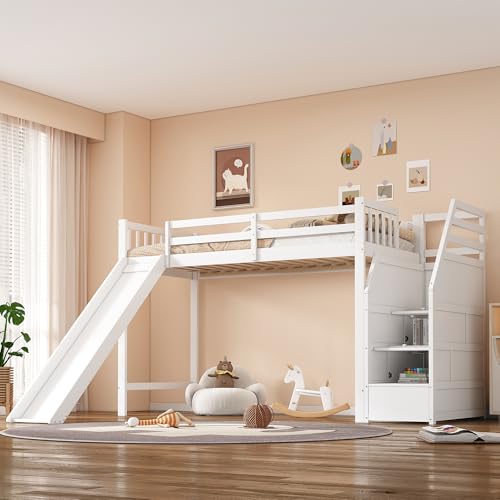 UIXENI 90 x 200 cm Children's Bunk Bed with Slide and Fall Protection, Bed Frame with Storage Steps, Without Mattress von UIXENI