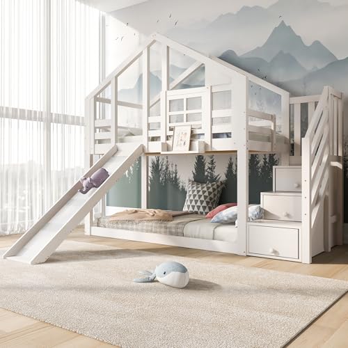 UIXENI 90 x 200 cm Cot Treehouse Bunk Bed for Kids with Window, Slide, Storage Ladder Cabinet and Fall-Out Protection, Without Mattress UIXENI 90 x 200 cm Cot Treehouse Bunk Bed for Kids with Window, Slide, Storage Ladder Cabinet and Fall-Out Protection, Without Mattress von UIXENI