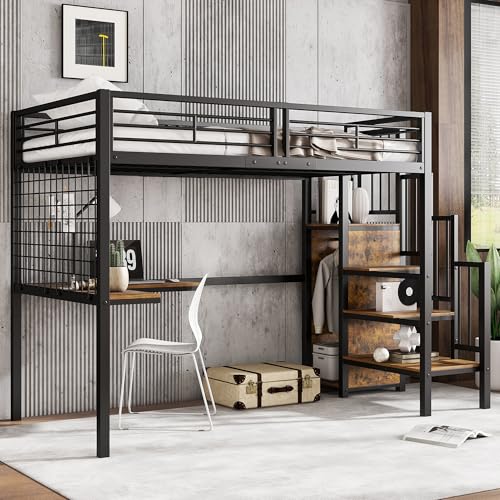 UIXENI 90 x 200 cm Metal Bunk Bed Frame with Desk, Side Ladder, Wardrobe Under Bed, Fall Protection for Children Teenagers ﻿ (Black + Dark Walnut) von UIXENI