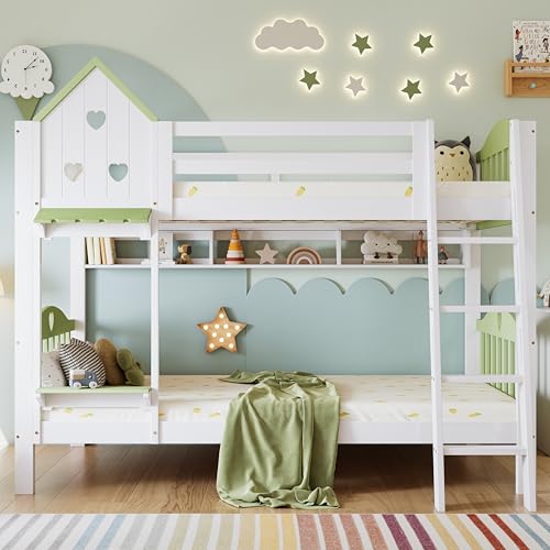 UIXENI 90x200cm Bunk Bed with Ladder, Cot with Fall Protection and Grille, Roof and Window, Open Shelf UIXENI 90x200cm Bunk Bed with Ladder, Cot with Fall Protection and Grille, Roof and Window, Open Shelf von UIXENI