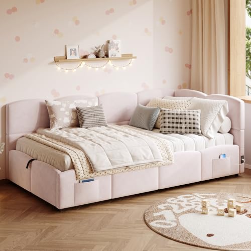 UIXENI 90x200cm Upholstered Single Bed, Hydraulic Storage Sofa Bed with USB Charger Storage Bag for Juvenile Adult, Velvet, Without Mattress ﻿ (Pink) von UIXENI