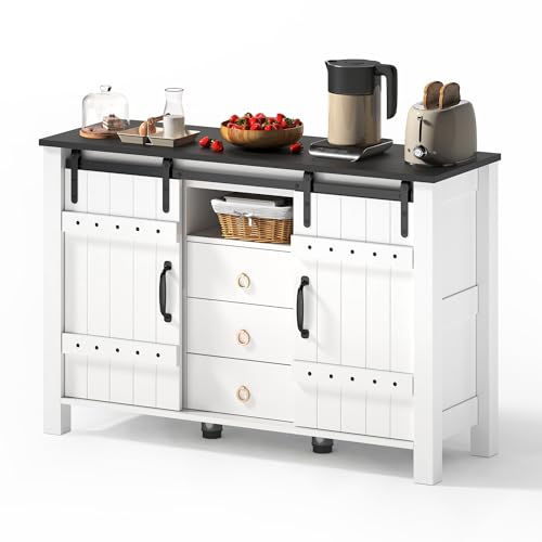UIXENI Buffet Cabinet with Storage, 120 cm Wide Side Cabinet with Sliding Doors and 3 Drawers, Rustic Wooden Coffee Bar Buffet Table for Kitchen, Dining Room and Lving Room von UIXENI