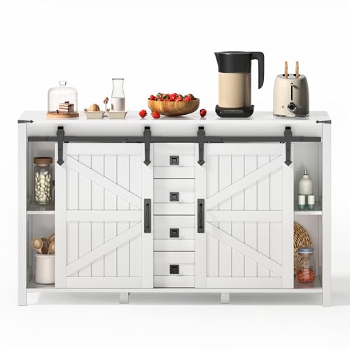 UIXENI Buffet Cabinet with Storage, 137cm Wide Side Cabinet with Sliding Doors and 4 Drawers, Rustic Coffee Bar Buffet Table for Kitchen, Dining Room and Lving Room von UIXENI