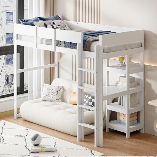 UIXENI Bunk Bed 90 x 200 cm, Children's Bunk Bed with Ladder and Storage Shelf, Slatted Frame, Fall Protection, Solid Wood, Without Mattress (White) von UIXENI