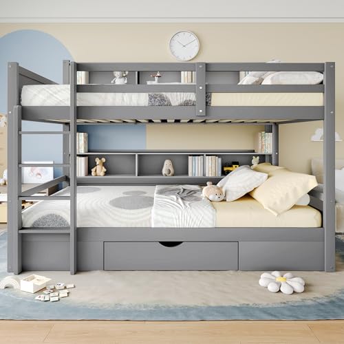 UIXENI Bunk Bed 90 x 200 cm, Wooden Bed with Drawers and Storage Shelf, Fall Protection, House Bed Frame with Ladder and Slatted Frame, Without Mattress (Gray) von UIXENI