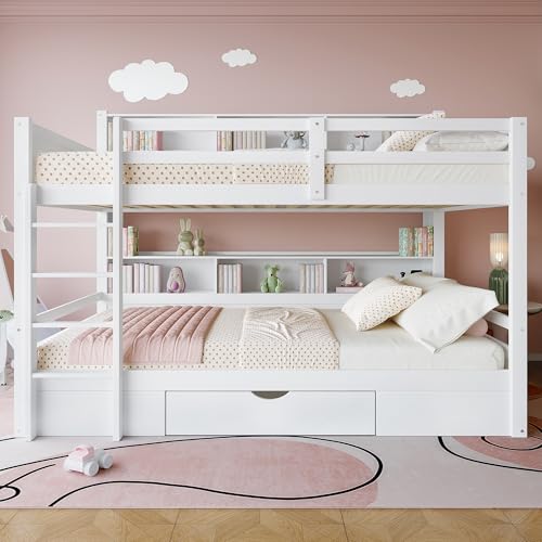 UIXENI Bunk Bed 90 x 200 cm, Wooden Bed with Drawers and Storage Shelf, Fall Protection, House Bed Frame with Ladder and Slatted Frame, Without Mattress (White) von UIXENI