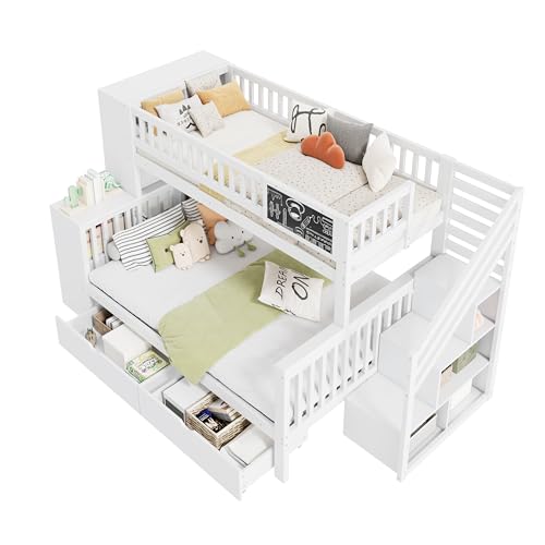 UIXENI Bunk Bed 90 x 200 cm and 140 x 200 cm for 2-3 Children, House Bed with Storage Stairs and 2 Drawers, Fall Protection and Storage Shelf, Slatted Frame, Without Mattress UIXENI Bunk Bed 90 x 200 cm and 140 x 200 cm for 2-3 Children, House Bed with Storage Stairs and 2 Drawers, Fall Protection and Storage Shelf, Slatted Frame, Without Mattress von UIXENI