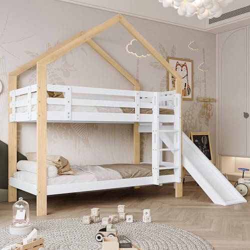 UIXENI Bunk Bed 90 x 200 cm for 2 Children, Solid Wood House Bed Frame with Slide & Ladder, Fall Protection and Slatted Frame, Without Mattress ﻿ von UIXENI