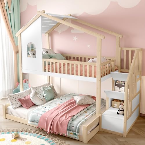 UIXENI Bunk Bed Frame 90 x 200 cm and 140 x 200 cm, Children's Bed with Storage Space Stairs, Roof and Window, Slatted Frame and Fall Protection, Without Mattress UIXENI Bunk Bed Frame 90 x 200 cm and 140 x 200 cm, Children's Bed with Storage Space Stairs, Roof and Window, Slatted Frame and Fall Protection, Without Mattress von UIXENI