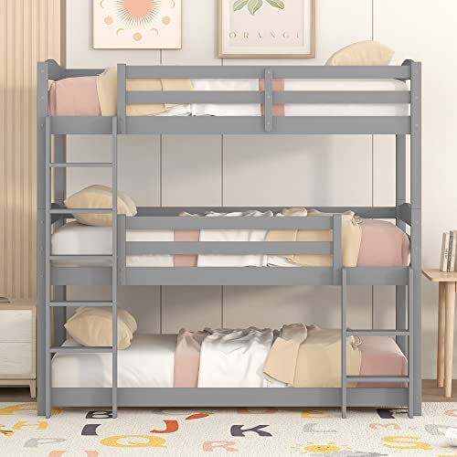 UIXENI Bunk Bed for Children, Space-Saving Bunk Bed with Ladder and Three Lying Surfaces 90 x 200 cm, Wooden Children's Bed with Fall Protection and Two Slatted Base for Family Nursery (Gray) von UIXENI