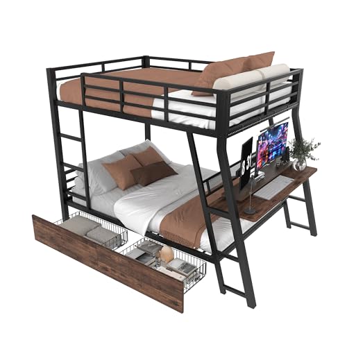 UIXENI Bunk Bed with Desk 2 Drawers for 2, Multifunctional Bed with Ladder, Fall Protection and Slatted Frame, Without Mattress (140 x 200cm) von UIXENI
