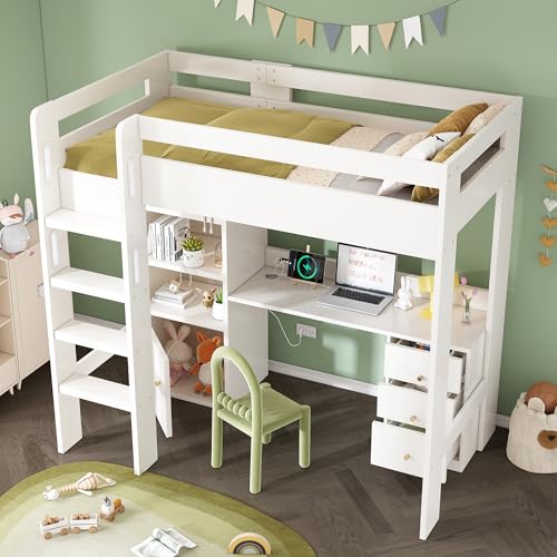 UIXENI Bunk Bed with USB-C Desk, Anti-Fall Children's Bed 90 x 200 cm, Table with Storage Spaces, Slatted Frame, Without Mattress UIXENI Bunk Bed with USB-C Desk, Anti-Fall Children's Bed 90 x 200 cm, Table with Storage Spaces, Slatted Frame, Without Mattress von UIXENI