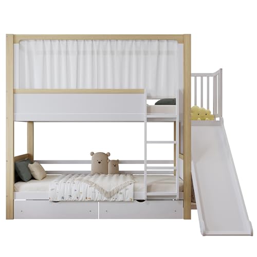 UIXENI Children's Bed 90 x 200 cm for 2 Children, Bunk Bed with Fabric Curtain, Ladder and Slide, House Bed with Storage Space 2 Drawers, Fall Protection, Without Mattress von UIXENI