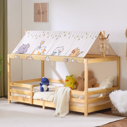 UIXENI Children's Bed Without Mattress, Fall Protection, Canopy Roof and Slatted Frame, Solid Wood House Bed for Girls/Boys (Natural) von UIXENI