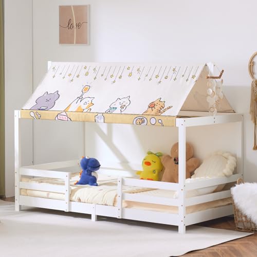 UIXENI Children's Bed Without Mattress, Fall Protection, Canopy Roof and Slatted Frame, Solid Wood House Bed for Girls/Boys (White) von UIXENI