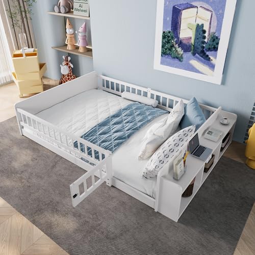UIXENI Children's Bed with Door, Open Storage, Fall Protection Fence, Slatted Frame, Solid Wood Cot Bed, Without Mattress (140cm*200cm) von UIXENI