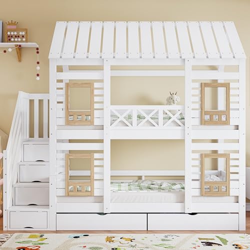 UIXENI Children's Bunk Bed 90 x 200 cm, House Bed for 2 Children, Cabin Bed with Slatted Frame, Stairs and Fall Protection, Tree House Bed with Window and Roof, Mattress Not Included UIXENI Children's Bunk Bed 90 x 200 cm, House Bed for 2 Children, Cabin Bed with Slatted Frame, Stairs and Fall Protection, Tree House Bed with Window and Roof, Mattress Not Included von UIXENI