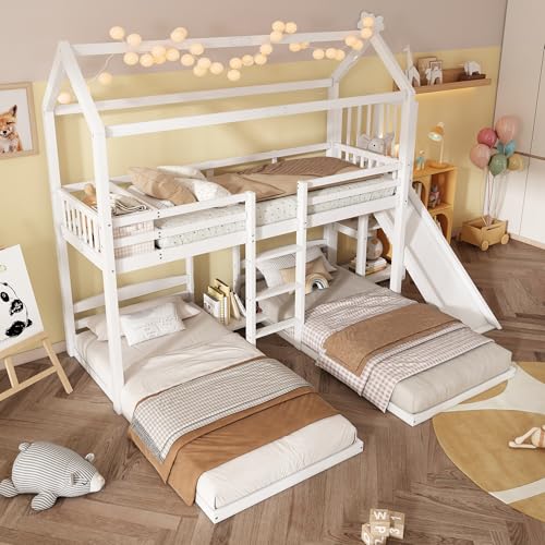 UIXENI Children's Bunk Bed 90 x 200 cm with Slide and Ladder, Bed Frame for 3 Children with Fall Protection, Triple Bed with Wooden Slatted Frame, Without Mattress von UIXENI