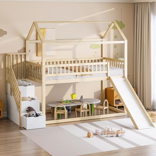 UIXENI Children's Bunk Bed 90 x 200 cm with Slide & Storage Stairs, House Bed Frame with Fall Protection and Slatted Frame, Without Mattress UIXENI Children's Bunk Bed 90 x 200 cm with Slide & Storage Stairs, House Bed Frame with Fall Protection and Slatted Frame, Without Mattress von UIXENI