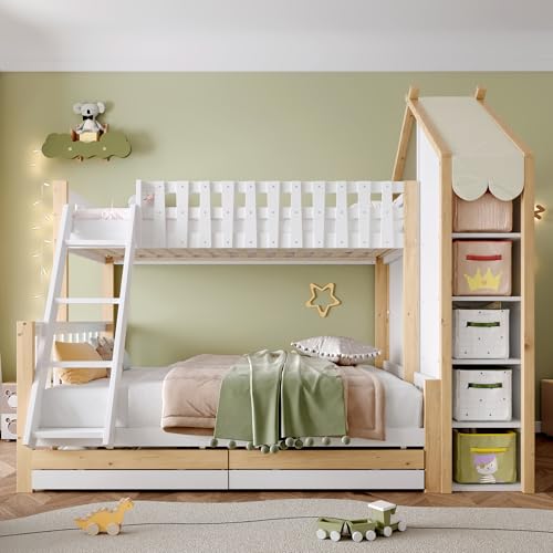 UIXENI Children's Bunk Bed 90x200cm+140x200 cm, House Bed with Stairs and 2 Storage Drawers, Fall Protection and Storage Shelf, Slatted Frame, Without Mattress von UIXENI