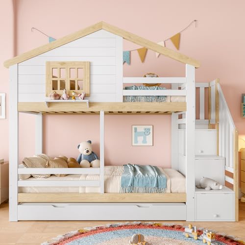 UIXENI Children's Bunk Bed with Pull-Out Bed, 90 x 200 cm Bed Frame with Storage Stairs, Fall Protection and Slatted Frame, House Bed with Window and Roof UIXENI Children's Bunk Bed with Pull-Out Bed, 90 x 200 cm Bed Frame with Storage Stairs, Fall Protection and Slatted Frame, House Bed with Window and Roof von UIXENI