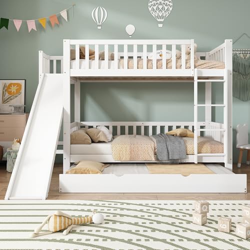 UIXENI Children's Bunk Bed with Pull-Out Bed, 90 x 200 cm Bunk Bed with Stairs and Slide for 2-3 Children, Bed Frame with Fall Protection and Slatted Frame, White, Without Mattress von UIXENI