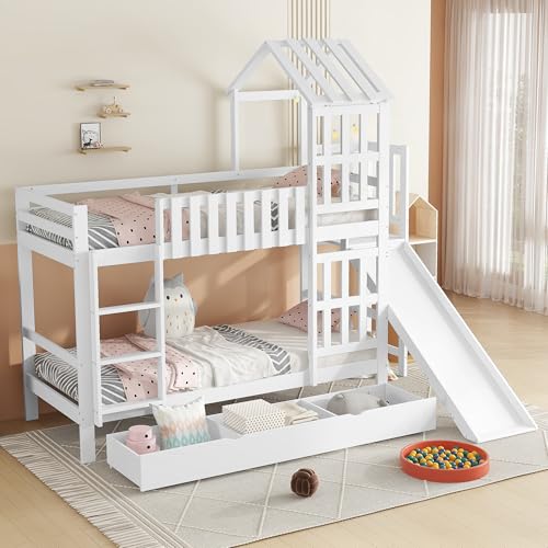 UIXENI Children's Bunk Bed with Storage Drawer, 90 x 200 cm Cabin Bed Frame with Ladder and Slide, Fall Protection and Slatted Frame, Without Mattress UIXENI Children's Bunk Bed with Storage Drawer, 90 x 200 cm Cabin Bed Frame with Ladder and Slide, Fall Protection and Slatted Frame, Without Mattress von UIXENI