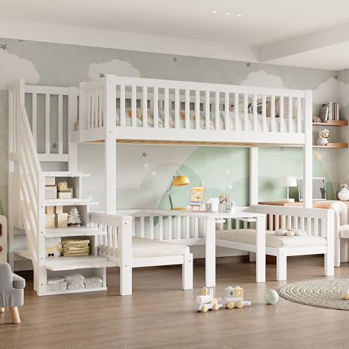 UIXENI Children's Bunk Bed with Storage Staircase and Height Adjustable Table, House Bed with Wooden Slatted Frame and Fall Protection, 90x200cm & 120x200cm von UIXENI