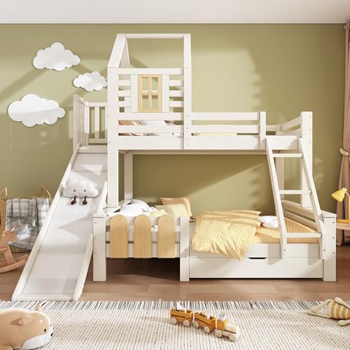 UIXENI Children's Bunk Bed with Window and Roof, House Bed with Drawer, Slide and Ladder, Fall Protection, Without Mattress, 90 x 200 cm and 140 x 200 cm UIXENI Children's Bunk Bed with Window and Roof, House Bed with Drawer, Slide and Ladder, Fall Protection, Without Mattress, 90 x 200 cm and 140 x 200 cm von UIXENI