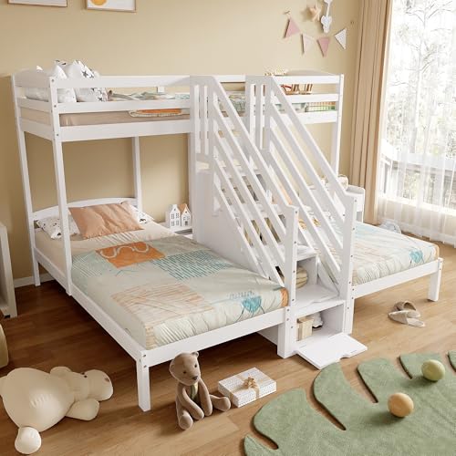 UIXENI Children's Triple Bed 90 x 200 cm with Storage Ladder, Bunk Bed with Fall Protection with Wooden Slatted Frame for 3 Children, White, Without Mattress von UIXENI