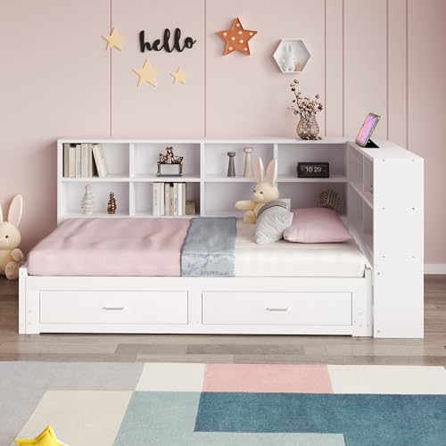 UIXENI Day Bed 90/180 x 190 cm Extendable Sofa Bed with Socket, 2 Drawers, Double Bed Guest Bed for Bedroom Living Room, Without Mattress (White) von UIXENI