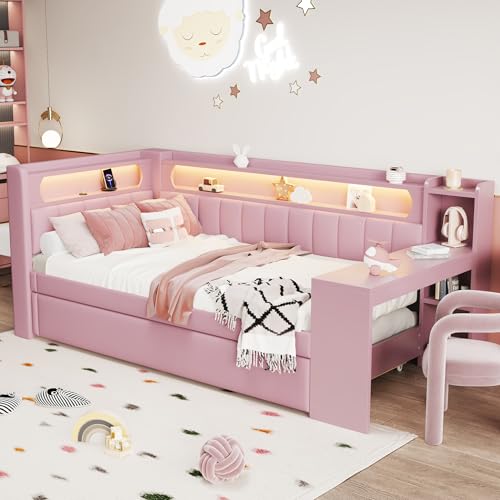 UIXENI Day Bed with Desk and Pull-Out Bed, Upholstered Sofa Bed 90 x 200 cm with LED and USB Charging Station, Slatted Frame, Guest Bed Frame, Without Mattress (Pink) von UIXENI