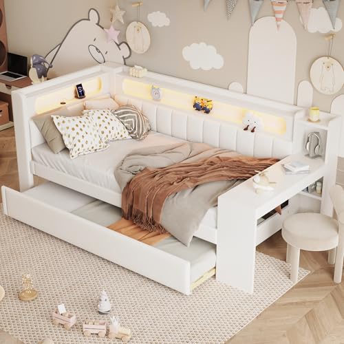 UIXENI Day Bed with Desk and Pull-Out Bed, Upholstered Sofa Bed 90 x 200 cm with LED and USB Charging Station, Slatted Frame, Guest Bed Frame, Without Mattress (White) von UIXENI
