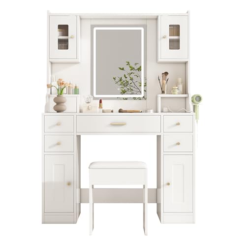 UIXENI Dressing Table with Stool, Adjustable LED Light and Sockets, Makeup Table with Mirror, 6 Drawers, 4 Doors for Bedroom, White UIXENI Dressing Table with Stool, Adjustable LED Light and Sockets, Makeup Table with Mirror, 6 Drawers, 4 Doors for Bedroom, White von UIXENI