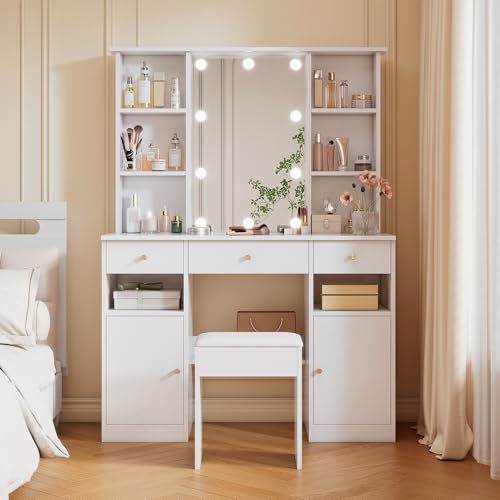 UIXENI Dressing Table with Stool, LED Dressing Table with Mirror 3 Drawers Open Compartments Adjustable Brightness for Bedroom von UIXENI