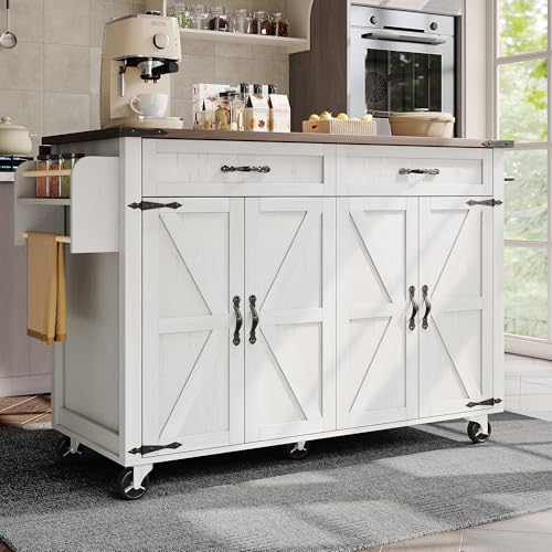 UIXENI Drop-Leaf Kitchen Island on Wheels, Utility Storage Cart with 4 Doors and 2 Drawers, Adjustable Shelf, Spice & Towel Rack for Dining Room von UIXENI