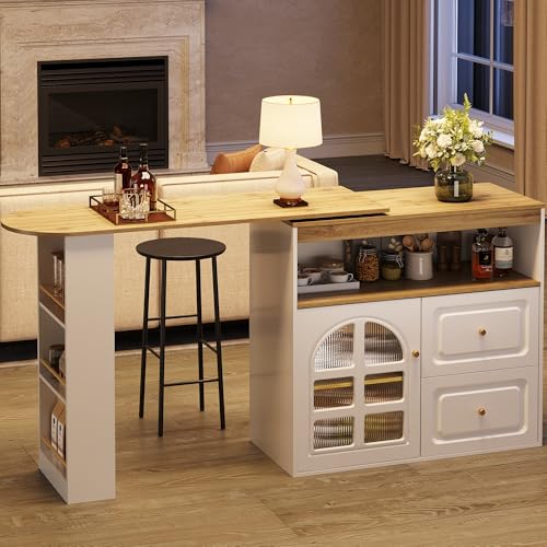 UIXENI Extendable Bar Table with 2 Drawers, Snack Shelf, Open Storage Compartment, Rotatable Dining Table with Shelves and Arch Glass for Bar Bistro Dining Room (White) von UIXENI