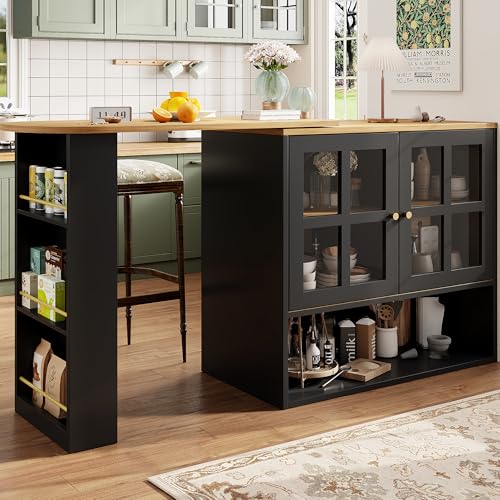 UIXENI Extendable Bar Table with Snack Shelf, Open Storage Compartment, Rotatable Dining Table with Shelves and Glass Cabinet Doors for Bar Bistro Dining Room (Black) von UIXENI
