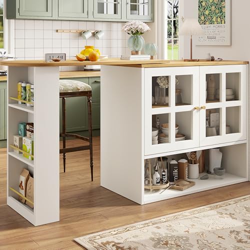 UIXENI Extendable Bar Table with Snack Shelf, Open Storage Compartment, Rotatable Dining Table with Shelves and Glass Cabinet Doors for Bar Bistro Dining Room (White) von UIXENI