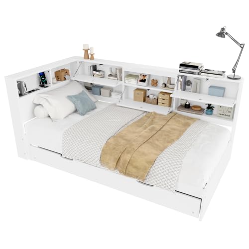 UIXENI Extendable Sofa Bed with Charging Station, Guest Bed with Storage Cabinet Slatted Frame, Without Mattress (90x200cm) von UIXENI