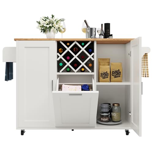 UIXENI Freestanding Kitchen Island with Folding Worktop, Kitchen Buffet Cabinet Trolley on Wheels with Bottle Holder & Towel Rack (White) von UIXENI