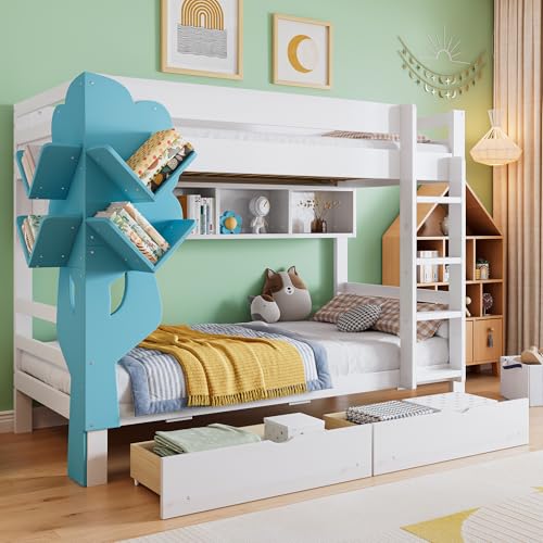 UIXENI Functional Bunk Bed 90 x 200 cm for 2 Children, Double Bed with Bookshelf and 2 Drawers, Fall Protection and Slatted Frame UIXENI Functional Bunk Bed 90 x 200 cm for 2 Children, Double Bed with Bookshelf and 2 Drawers, Fall Protection and Slatted Frame von UIXENI