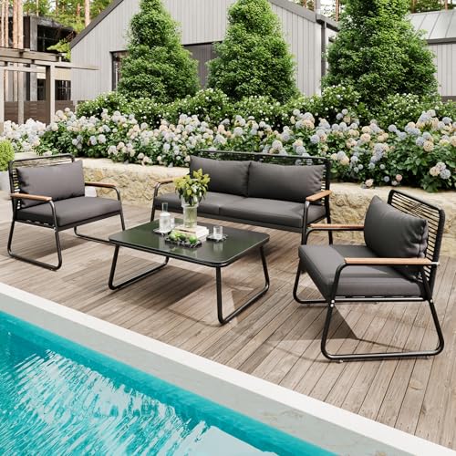 UIXENI Garden Furniture Set, 4-Piece Balcony Furniture Set with Table, Sofa and 2 Chairs, Outdoor Seating Set von UIXENI