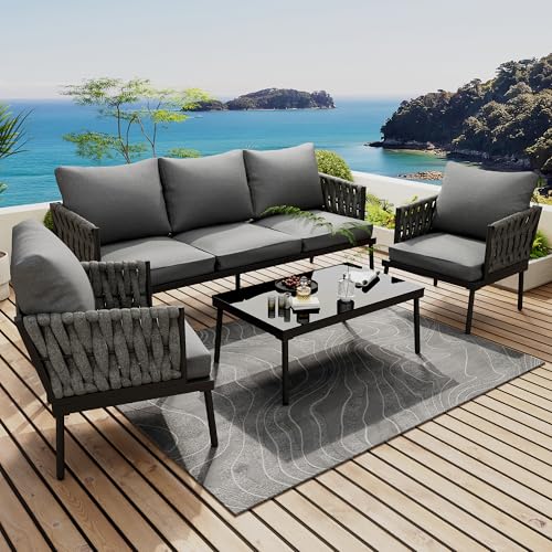 UIXENI Garden Furniture Set 4 Piece, Outdoor Patio Conversation Sofa Set with Cushion for Porch Balcony Backyard von UIXENI