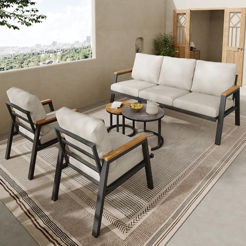 UIXENI Garden Furniture Set with Cushions, Outdoor Patio Furniture with 3 Seater Sofa, 2 Armchairs and Coffee Table, Glass Table Top von UIXENI